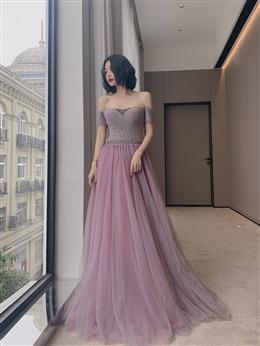 Picture of Purple Tulle Beaded Short Sleeves Long Party Dresses Evening Dresses, A-line Formal Dress